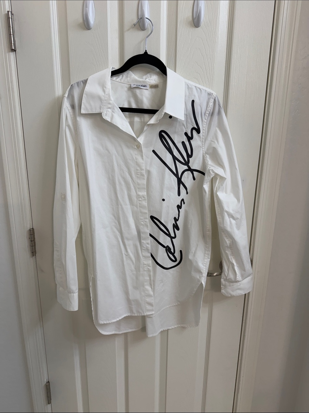 Calvin Klein White Button-Down Shirt with Black Script